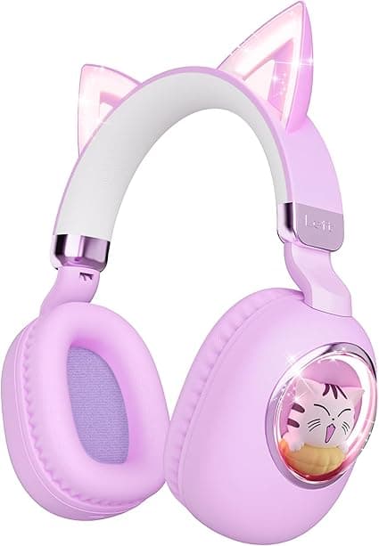 sunvito Kids Headphones Bluetooth 5.4 - Cat Ear LED Light Up Noise Cancelling Wireless Headphones with Mic, 85dB Volume Limited, Wired & Wireless Mode for Travel/School/iPad