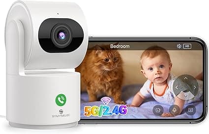 SYMYNELEC 5GHz Security Camera Indoor: 2K Baby Monitor with Phone App - Pet Camera with Speaker for Dog/Cat Owners - AI Motion Detection One-Touch Call Auto Tracking IR Night Vision TF/Cloud Storage