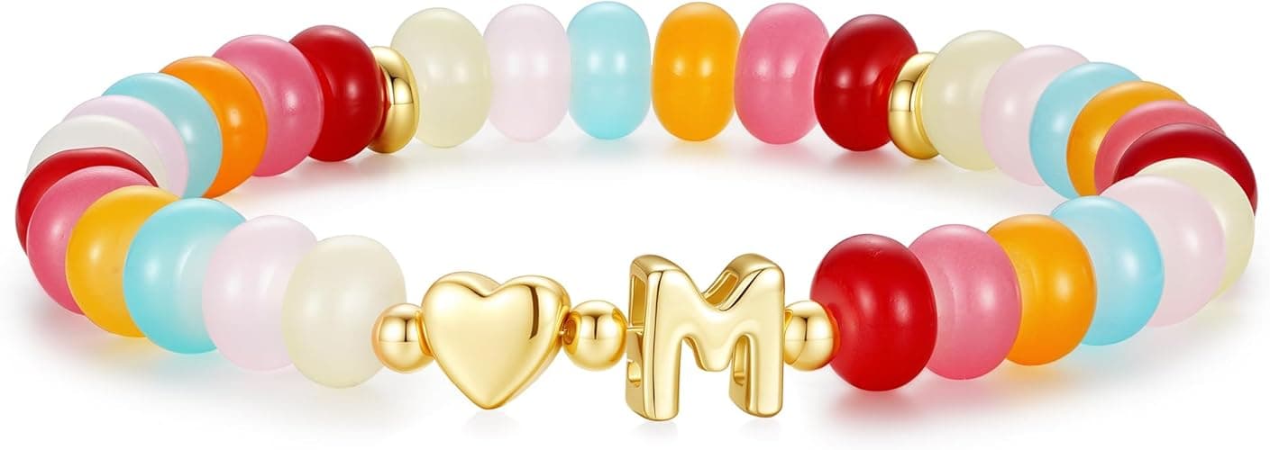 M MOOHAM Stocking Stuffers for Teenage Girls Women - Colorful Beaded Initial Bracelet for Women, Dainty Beaded Bracelets for Women Trendy Charm Letter A-Z Personalized Heart Jewelry Gifts