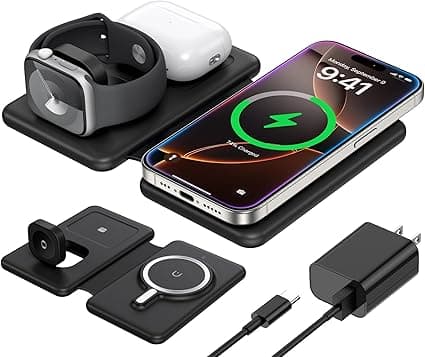 3 in 1 Charging Station for Apple,Travel Charger for Multiple Devices for iPhone,Foldable Magnetic Charger for iPhone 16 15 14 13 12 pro max&AirPods 4/3/Pro/Pro 2&Apple Watch（Black）