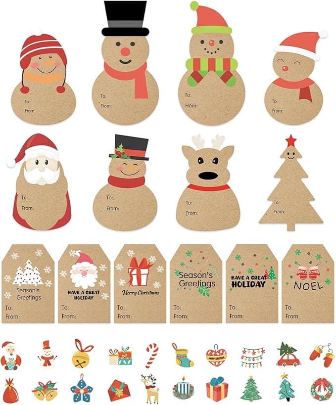 520Tags Christmas Gift Tags Stickers, Self-Adhesive Christmas Name Tags, Vintage Christmas Labels for Presents, Holiday Cute Kraft Xmas Kids Stickers for Boxes, Envelopes,Wrapping Paper,Packages,Cards