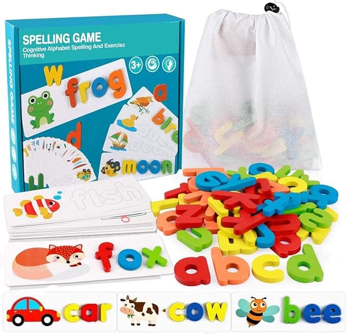 MASTOUR See and Spell Learning Toys,Matching Letter Game Words for Kids,Educational Learning Toys for Preschool Kindergarten 3-7 Year Old Girls Boys (28 Cards+52 Letters) +1