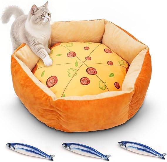 Cute Cat Beds Kitten Beds, Soft Small Dog Beds, Washable Pet Beds for Puppy and Kitty, Funny Pizza Shape, 20 Inch