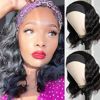 JCL Headband Wig Human Hair Body Wave Headband Wigs Human Hair Wig 14 Inch Human Hair Curly Wigs for Black Women Natural Color None Lace Front Wigs