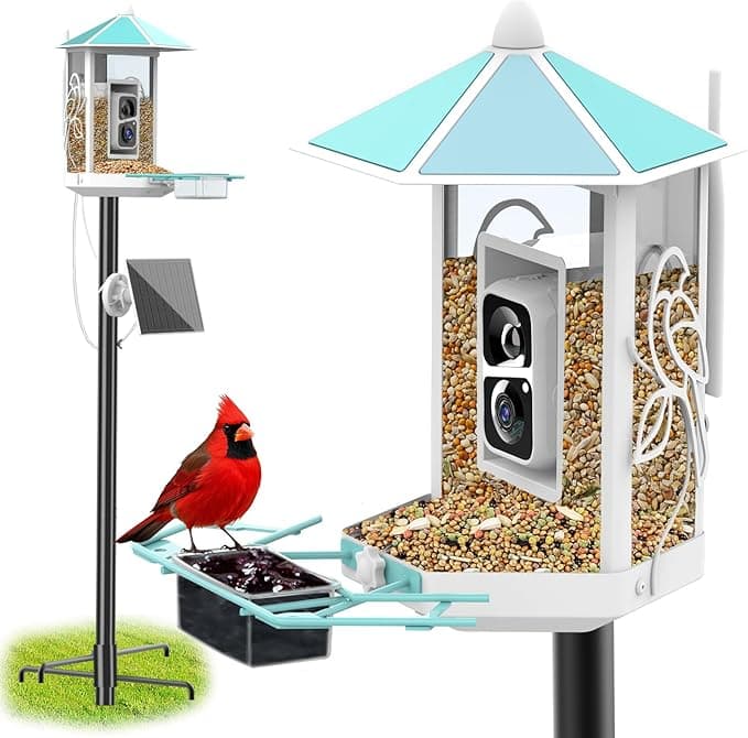 Metal Bird Feeder with Camera and 74.5 Inch Pole - Smart Camera Bird Feeder Solar Powered with 2K Live Stream for Backyard, AI Identify Auto Capture Videos, Unique Outdoor Gifts for Mom and Dad