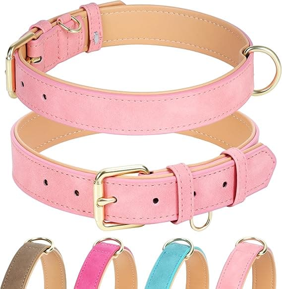 Leather Dog Collar for Small Medium Large Dogs, Soft Padded Dog Leather Collar with Heavy Duty Gold Buckle, Durable & Comfortable for Small Dogs Daily Walking (Pink, S)