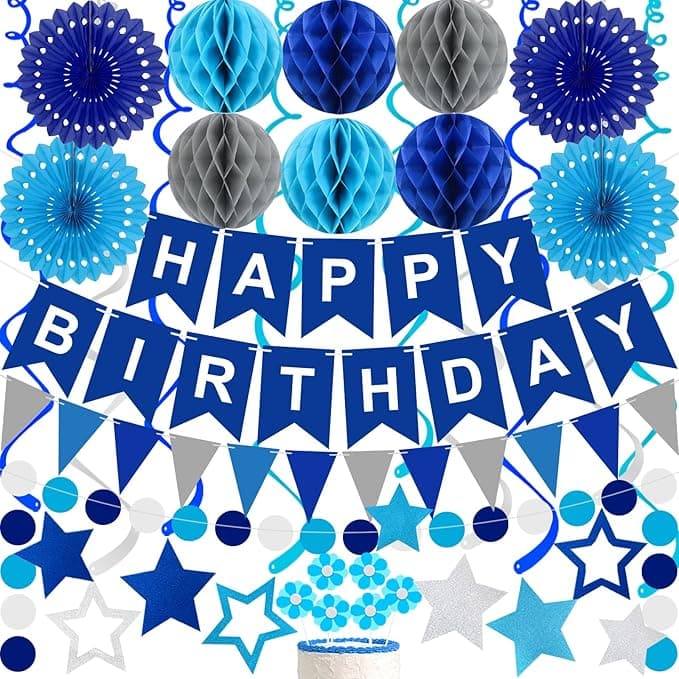 Birthday Decorations Blue Happy Birthday Banner Honeycomb Balls Paper Fans Hanging Swirl Stars Triangles Dots Garland Birthday Party Decorations for Boys Girls Men Women