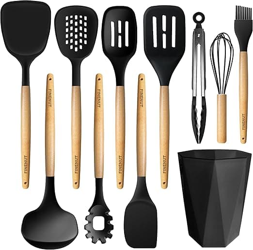 Silicone Cooking Utensils Set 11PCS -BPA-Free&Non-Toxic 446°F Heat Resistant,Wooden Handle Kitchen Tools for Nonstick Cookware,Heat Resistant&Scratch-Proof Includes Spatula/Turner/Ladle(Black)