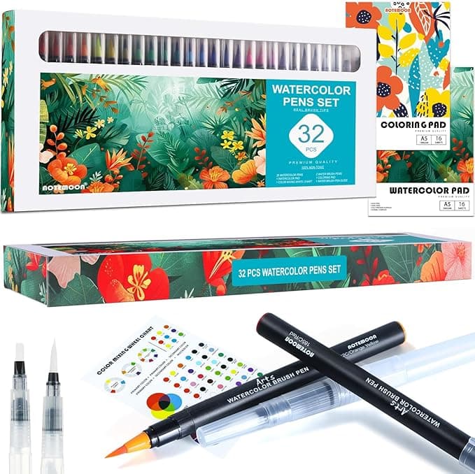 Art Supplies Gifts for Girls Teens Beginners, 32 Watercolor Pens Set Includes 26 Vivid Colors, Real Brush Tips Paint Markers Set with 2 Blender Pens, Watercolor Book and Coloring Book