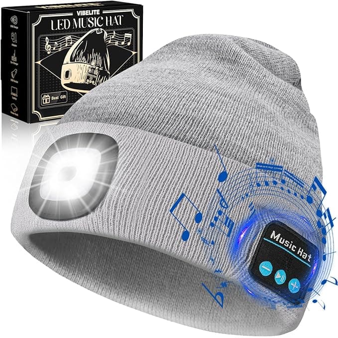 VIBELITE Bluetooth Beanie Hat with Light, USB Rechargeable LED Headlamp with Wireless Headphones, Stocking Stuffers Christmas Gifts for Men, Him, Husband, Boyfriend, Grey
