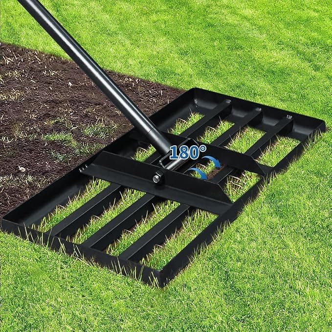 Lawn Leveling Rake 17"x10" - Heavy Duty Stainless Steel Lawn Leveler Tool with 5FT Long Handle, Smooth Edge Soil Leveler for Dirt, Sand, Grass, Backyard & Garden Landscaping