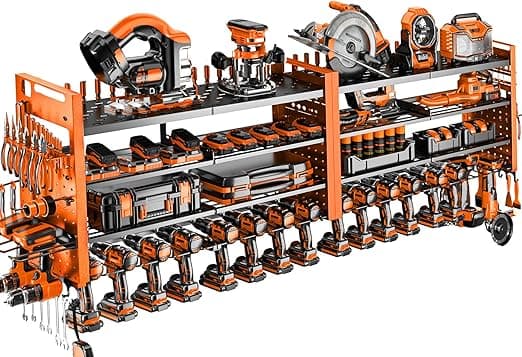 66" W Super Large Power Tool Organizer Wall Mount,Heavy Duty Cordless Tool Organizer with 18 Drill Holder,600 Lbs Capacity 4-Layer Garage Organization for Garage and Workshop (Orange)