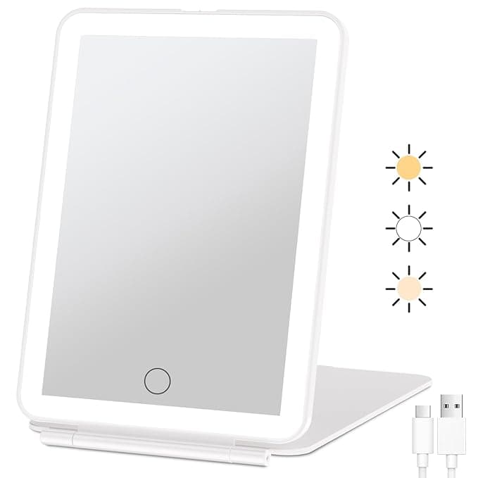 FUNTOUCH Rechargeable Travel Makeup Mirror with 72 LED Lights – 3 Color Modes Touch Dimmable Foldable Portable