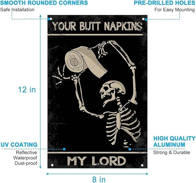 Vintage Metal Tin Sign Funny Skull Bathroom Wall Art Decor Medieval Themed Rustic Toilet Sign Novelty Gift for Home or Room