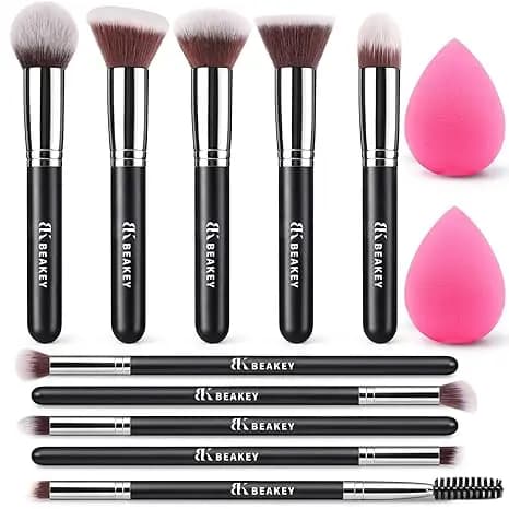 BEAKEY Makeup Brushes Set Professional Foundation Eyeshadow Concealer Blush Powder Bronzer Applicator 2 Blender Sponge with Beauty Paper Case